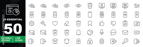 UI Essential Line Icon Set. Editable stroke icons for mobile apps & web interfaces. Featuring eye vision, fingerprint security, cloud sync, trash, bookmark, settings, and navigation symbols.