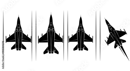 Military fighter jets silhouettes in various angles and perspectives on white background