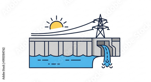Hydroelectric dam with power lines and water flow under sunny sky renewable energy concept