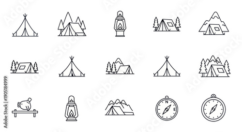 Camping Icons: Tents, Mountains, Lanterns, Compass, Food - Outline Style
