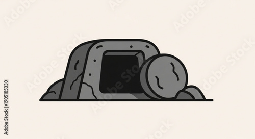 Tombstone with rolling stone in front empty grave symbol of death mourning and loss dark and eerie atmosphere simple illustration