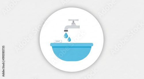 Water saving concept with faucet dripping into blue basin on white background