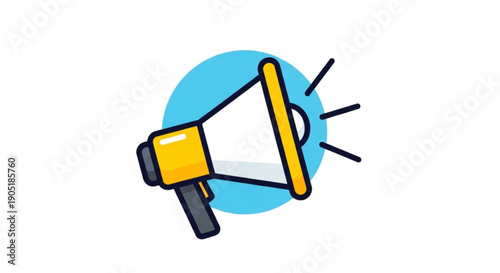 Yellow megaphone with black handle and blue circle background for communication and announcement