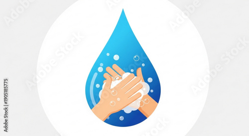 Hands washing with soap and water under a large blue water droplet for hygiene and cleaning