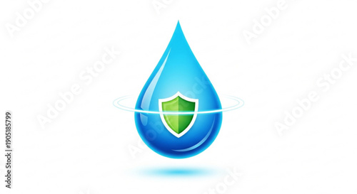 Blue water droplet with green shield symbol on white background representing protection and safety