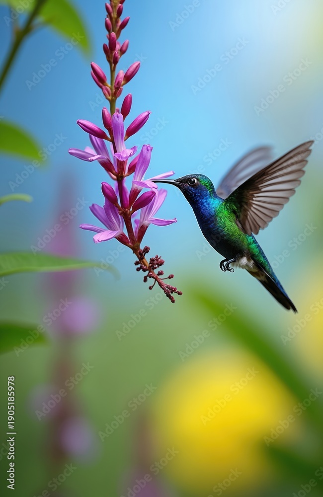 Obraz premium Violet Sabrewing hummingbird with iridescent green and blue plumage hovers near a pink flower. Tiny bird drinks nectar from bloom. Wildlife in tropical jungle habitat, nature scene.