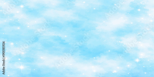 An abstract blue bokeh background blends with a beautiful bright summer sky featuring fluffy white clouds and natural sunlight for a clear atmospheric day in heaven