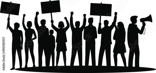 Silhouette of Diverse Group of People Protesting with Blank Signs and Megaphone for Social Justice Human Rights Activism and Public Demonstration Isolated on White