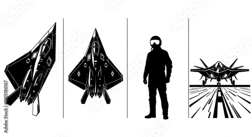 Stealth fighter jet aircraft and pilot silhouette in black and white vector illustrations