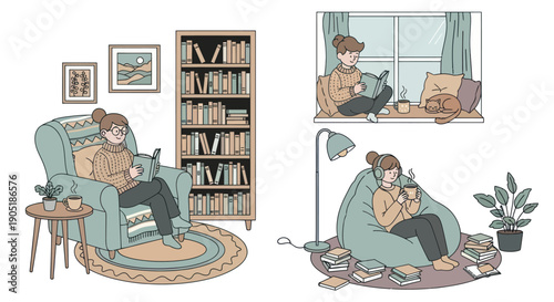 Cozy Illustration: Woman Reading Books by Window and Armchair