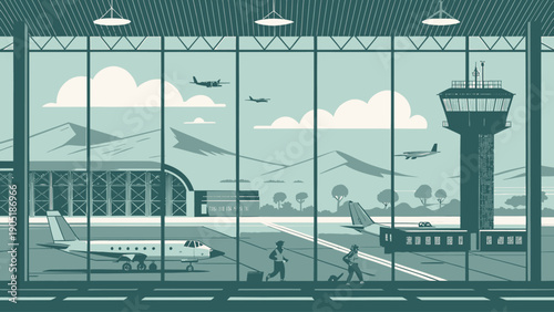 Airport terminal interior view with planes on runway through large windows travelers with luggage control tower