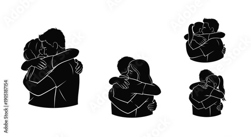 Four black silhouette illustrations of people hugging each other in different poses on white background