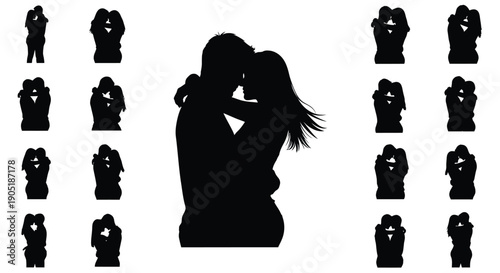 Silhouettes of romantic couples kissing and embracing in various poses on white background for love and relationship concepts