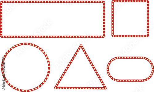 Red Marquee Light Frames Set with Glowing Bulbs in Circle Square Triangle and Rectangle Shapes for Casino Signage, Theater Broadway Decor and Grand Opening Banners.
