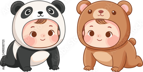Cute babies wearing panda and bear costumes crawling isolated on white background adorable animal cosplay cartoon vector illustration set