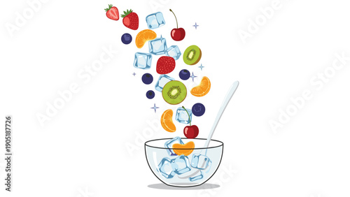 Fresh fruits and ice cubes splashing into a glass bowl including strawberries, blueberries, kiwi, and oranges.