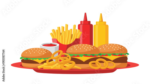 Red platter loaded with burgers, french fries, onion rings, ketchup, and mustard bottles for a fast food feast.