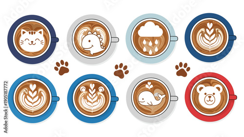 Set of eight coffee cups with cute animal and nature themed latte art featuring a cat, dinosaur, whale, and bear.