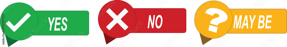 Obraz premium Colorful Decision Stickers with Yes No and Maybe Options, Green Checkmark Red Cross and Orange Question Mark Icons for Survey Feedback and Choice Representation.