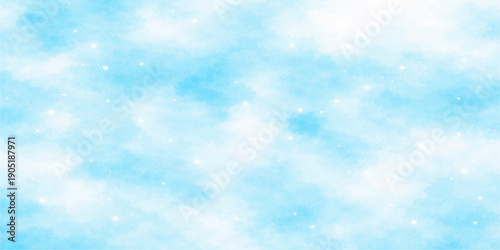 A bright and beautiful blue winter sky background features fluffy white clouds and glowing sunlight for a clear, abstract nature cloudscape on a sunny summer day