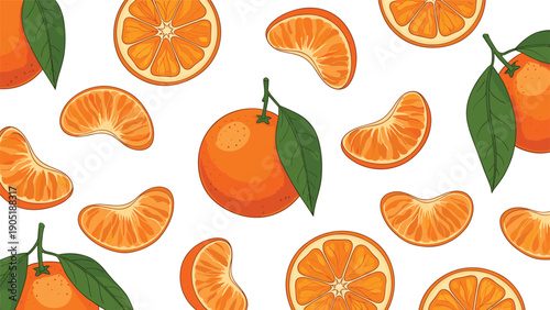 Beautiful pattern of fresh whole oranges with leaves and juicy segments scattered across a clean white surface.