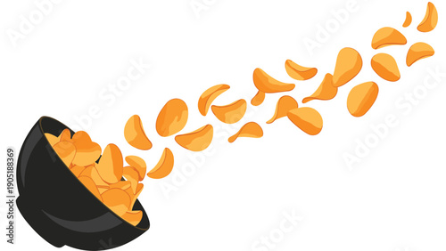Crisp golden potato chips flying in a graceful curve into a deep black ceramic bowl against a clean white background.