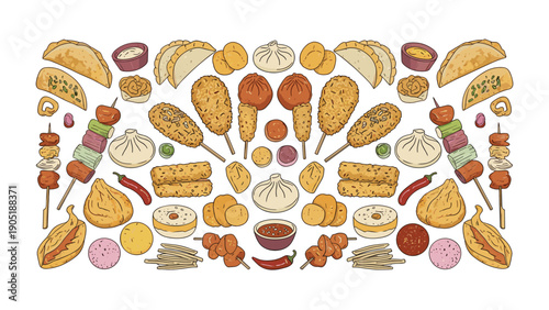 Extensive collection of fried snacks, dumplings, skewers, and sauces arranged in a symmetrical pattern on white.