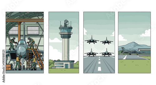 Military aircraft maintenance hangar with fighter jets taking off on runway and air traffic control tower