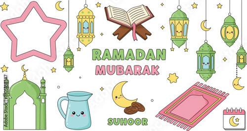 Cute Ramadan Mubarak illustration set with lanterns crescent moon mosque prayer mat Quran jug and stars isolated on white background cartoon vector design
