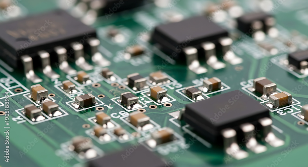 Obraz premium Macro perspective of a complex green printed circuit board with an array of electronic components, highlighting intricate connections and advanced digital technology hardware