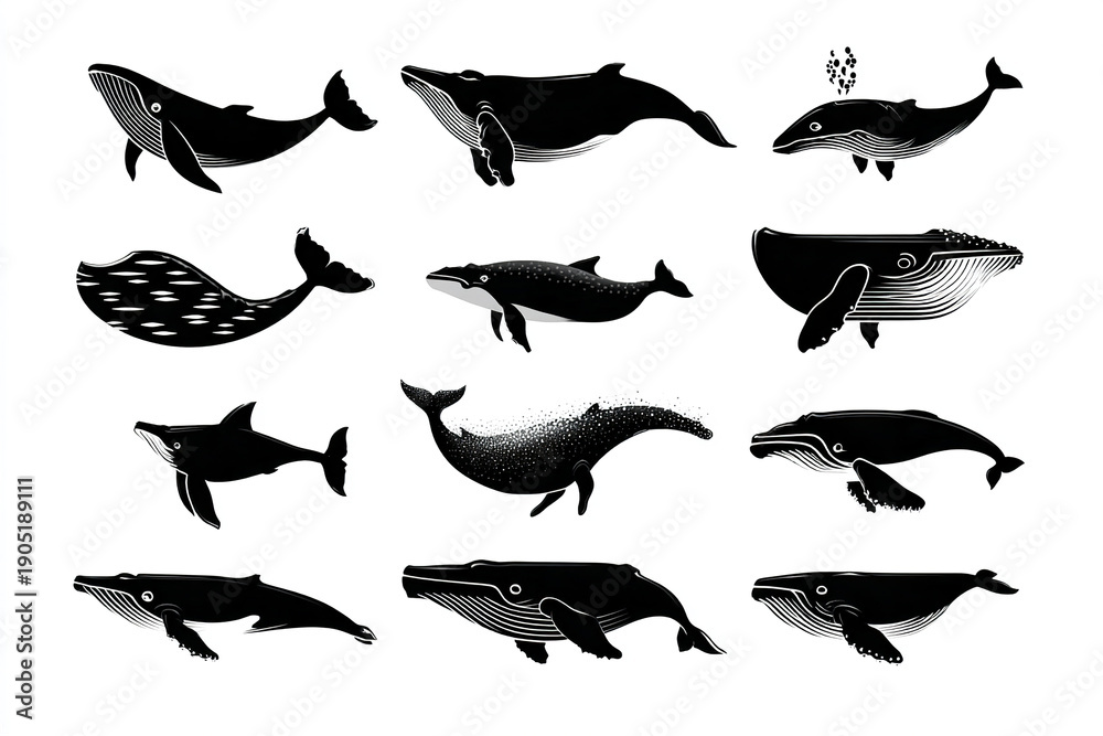 Obraz premium Whale silhouette collection with various marine wildlife shapes and styles in black and white, showing different whale species in dynamic swimming poses