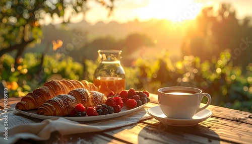 A relaxed weekend breakfast scene Pastries, fruit, and coffee