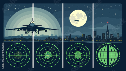 Airplane flying over cityscape at night with radar screens and full moon