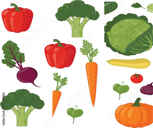 Fresh vegetables cartoon vector illustration set featuring broccoli peppers carrots cabbage pumpkin and healthy organic food collection