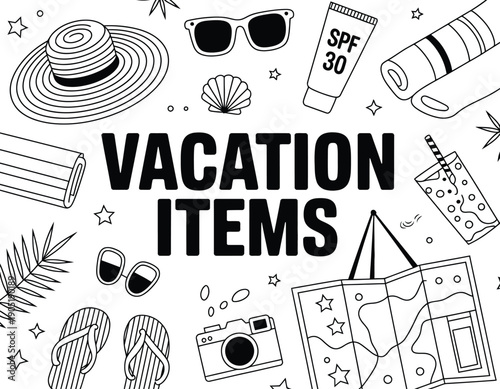 summer travel doodle collection beach holiday accessories vector.