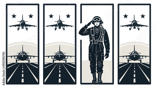 Military pilot saluting with fighter jets on runway aviation background