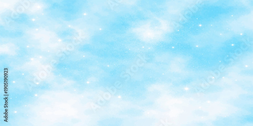 A beautiful blue winter background features abstract white clouds in a bright heaven sky with natural sunlight for a clear and fluffy cloudscape atmosphere