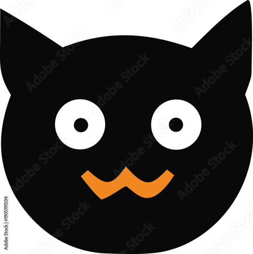 A playful black cat with an orange mustache and large white eyes.