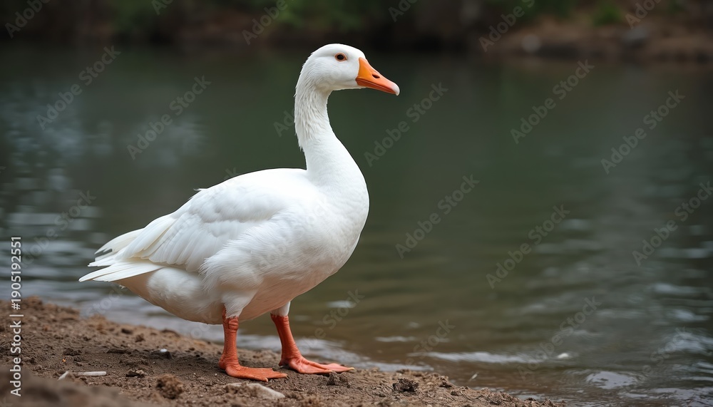 Fototapeta premium White goose stands on muddy river bank near dark water. Bird has orange beak and feet. Nature scene shows wild fowl resting by the lake side. Full body shot captures avian grace.