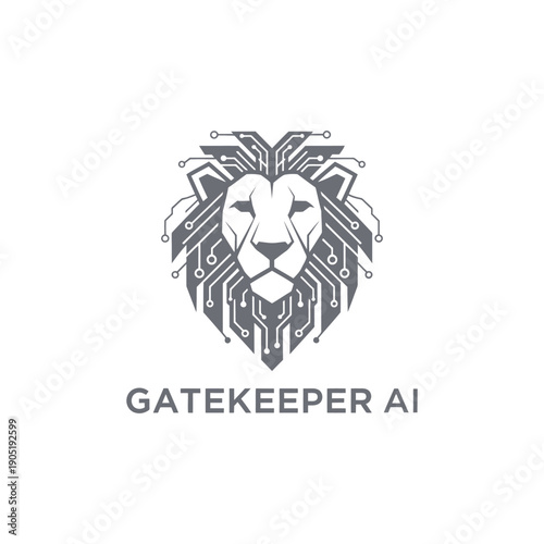Modern digital lion head circuit board logo for artificial intelligence security and high-tech software firm named Gatekeeper AI