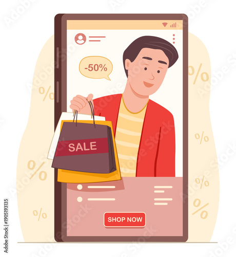 Slika na platnu Young Staff Man Deliver the Shopping Bags from Online Shopping Application on Mo