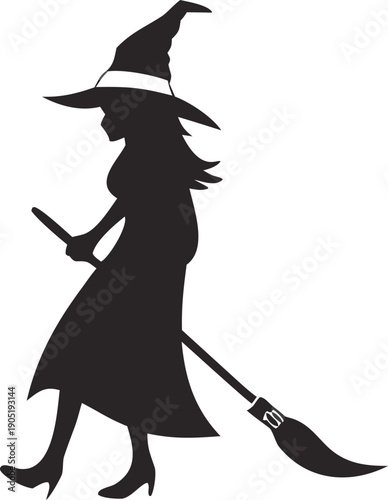 A silhouette of a witch holding a broom, wearing a pointy hat and a dress.