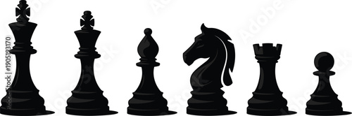 Realistic chess pieces silhouettes, king queen bishop knight rook pawn, strategy board game elements, black vector illustration isolated design