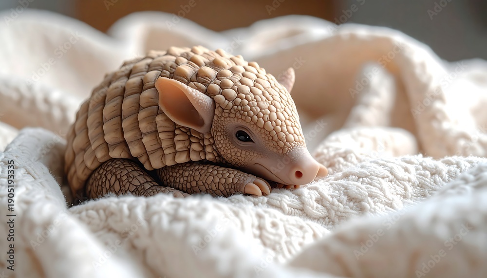 Obraz premium A small, armadillo-like creature rests nestled on a soft, cream-colored, textured blanket, basking in the warm glow