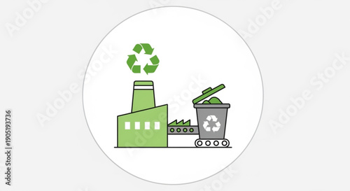 Green Factory Recycling Waste with Recycling Symbol and Trash Can