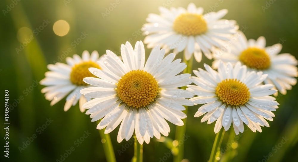 Obraz premium Close-up of pristine white daisies bathed in warm, golden afternoon sunlight on a bright day.