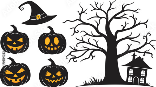 Spooky halloween scene featuring jack-o'-lanterns, a witch's hat, and a haunted house.