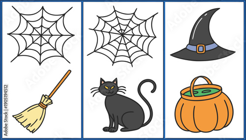 Halloween-themed illustrations featuring a witch's broom, a black cat, a witch's hat, a pumpkin, and spider webs