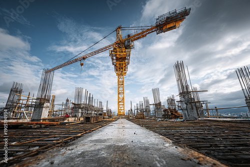 Unfinished rooftop construction site with large yellow tower crane under cloudy sky, showing steel reinforcement bars and concrete columns in industrial setting