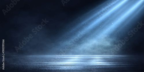 A dramatic spotlight casts a glow across the wall and stage amidst a dark storm where lightning pierces through blue fog and thick smoke over the moonlit sea